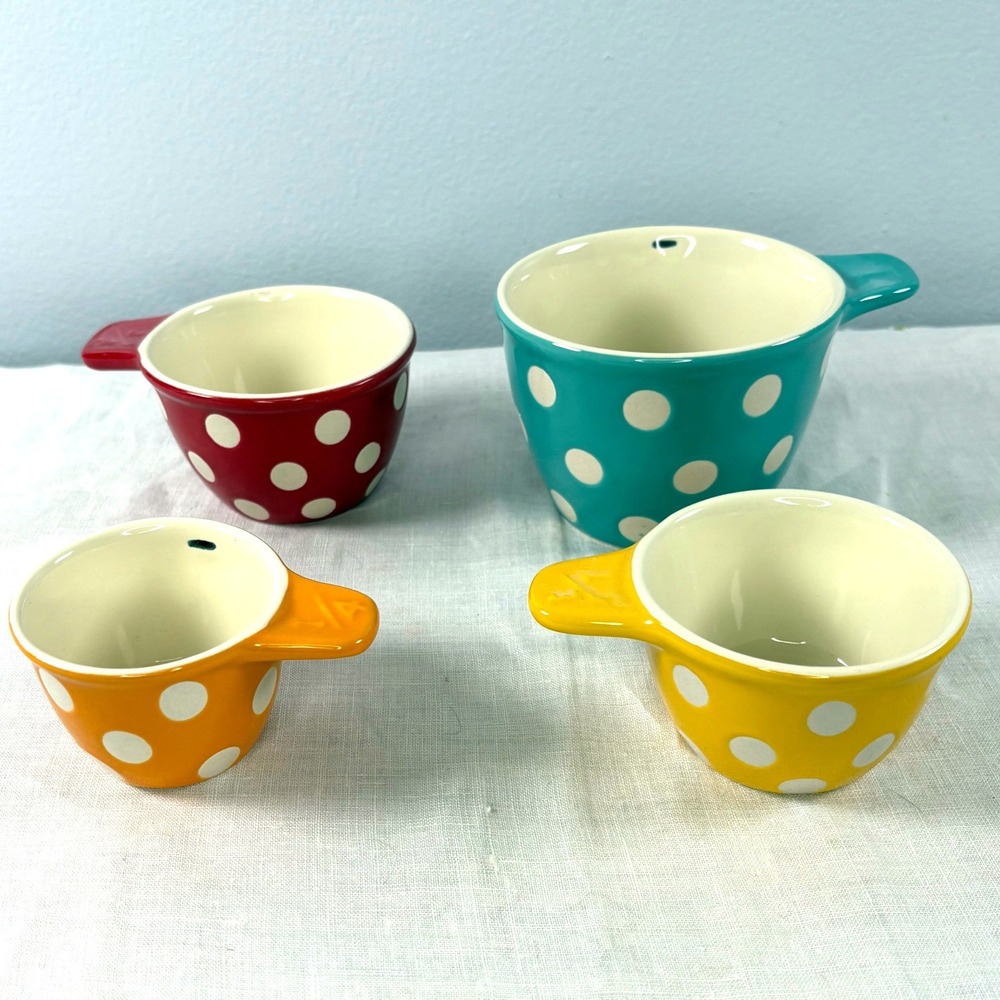 Creative Co-Op Polka Dot Ceramic Measuring Cup Set 4 Piece Nesting